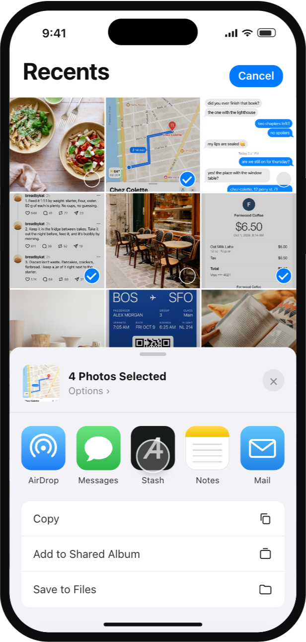 An iPhone with four screenshots selected in Photos and the share sheet open, about to save them to Stash